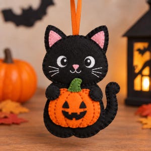 May include: A felt hanging ornament shaped like a black cat with pink inner ears, white eyes, and a pink nose. The cat holds an orange pumpkin with a green stem and a black jack-o'-lantern face. An orange ribbon loop is attached to the top.