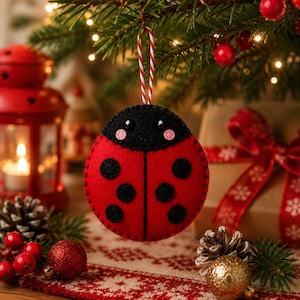 May include: A round felt ladybug ornament featuring a red body with black circular spots, a black head with two small white eyes, and pink circular cheeks. The ornament hangs from a red and white striped string loop against a festive background.