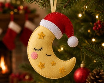 Felt Moon Christmas Ornament Sewing Pattern PDF | Crescent Moon Felt Ornament | Santa Hat Holiday Decoration | Beginner Felt Craft Pattern