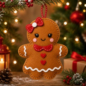 May include: A brown felt gingerbread person ornament featuring a red bow on the head, a red bowtie, two small red hearts on the chest, and white stitched icing details. The ornament includes a red hanging loop at the top for display.