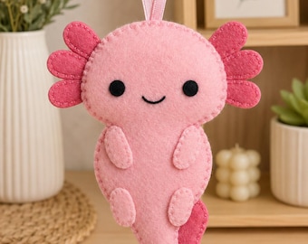 Handmade Felt Axolotl Ornament | Cute Plush Hanging Decoration | Pink Axolotl Gift | Nursery Decor | Desk Accessory | Handmade Plushie