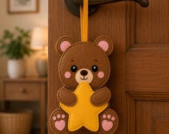 Cute Felt Bear Holding Star Ornament | Handmade Felt Plush Decoration | DIY Sewing Pattern | Nursery Gift | Hanging Felt Bear Craft