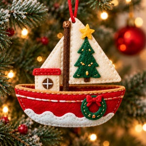 May include: A felt Christmas ornament shaped like a sailboat with a red hull, white waves, and a cream-colored sail. The sail features a green Christmas tree with a yellow star on top. A small green wreath with a red bow is attached to the hull.
