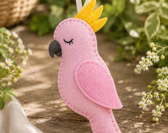 Pink Felt Cockatoo Ornament – Handmade Bird Plush Decoration – Cute Hanging Parrot Softie – Nursery Decor – Felt Animal Gift