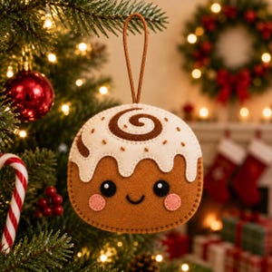 May include: A felt cinnamon roll ornament featuring a brown base, white icing with a brown swirl, and a smiling face with black eyes and pink cheeks. The ornament is suspended by a thin brown cord, designed for hanging on a holiday tree.