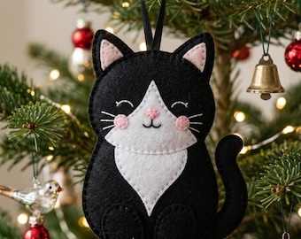 Cute Felt Tuxedo Cat Ornament Sewing Pattern PDF , Beginner Friendly Cat Plush Tutorial | DIY Christmas Cat Decoration Digital Download