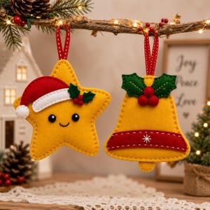 May include: Two felt Christmas ornaments hanging from a branch. One is a yellow star with a red Santa hat and a holly sprig. The other is a yellow bell with a red band, a white snowflake detail, and a green holly sprig with red berries.
