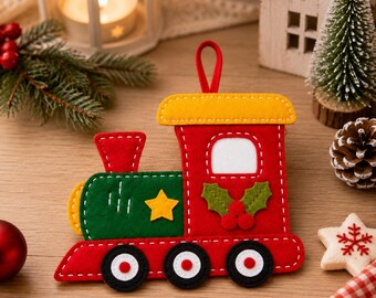 Felt Christmas Train Ornament, Handmade Train Christmas Decoration, Cute Locomotive Tree Ornament, Holiday Gift, Felt Train Decor
