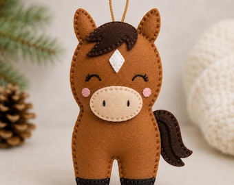 Handmade Felt Horse Ornament Pattern & Plush Decoration | Cute Horse Christmas Ornament | DIY Felt Animal Gift | Nursery Decor