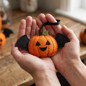 Op de afbeelding: Een vilten pompoenornament met een feloranje lichaam, een gestikt jack-o'-lantern gezicht, twee zwarte vilten vleermuisvleugels aan de zijkanten, een klein groen vilten blaadje en een zwart lintje aan de bruine steel om op te hangen.