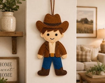 Cowboy Felt Ornament Sewing Pattern PDF | DIY Western Cowboy Plush Template | Easy Hand Sewing Christmas Ornament | Farmhouse Decor