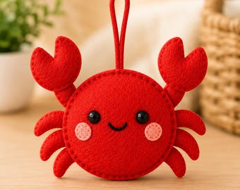 Cute Felt Crab Ornament, Handmade Crab Plush, Ocean Nursery Decor, Coastal Hanging Decoration, Kawaii Sea Creature Gift