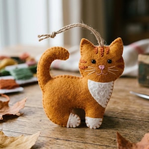 May include: A handmade orange felt cat ornament with a jute string. The cat features white accents on its chest and paws, with embroidered details like stripes, whiskers, and a pink nose. The ornament is approximately 10 cm tall.