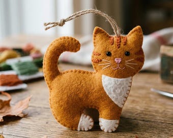 Ginger Tabby Cat Felt Ornament Pattern – Hand-Stitched Kitten Sewing Guide (Digital Download)