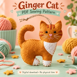 Naaipatroon voor een vilten kerstornament van een rosse kat (Ginger Tabby Cat) - Handleiding voor handmatig naaien
