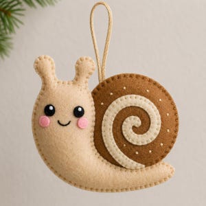 Könnte beinhalten: Ein Filz-Schneckenanhänger mit beigem Körper, rosa Wangen und schwarzen Augen. Das Schneckenhaus ist braun mit einer cremefarbenen Spirale und kleinen Punkten. Eine beige Schnurschlaufe ist oben befestigt, um den weichen Anhänger aufzuhängen.