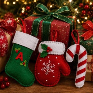 Felt Christmas Stocking Candy Cane and Mittens Ornament Sewing Pattern | Beginner Holiday DIY Templates (PDF Download)
