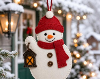 Felt Snowman Ornament with Lantern, Christmas Tree Decoration, Handmade Winter Hanging Decor, Cute Holiday Snowman Gift