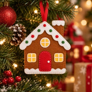 May include: A felt gingerbread house ornament featuring a brown facade, a red door with a white knob, yellow windows, and a white roof trimmed with red and green dots. The house is suspended by a red ribbon and includes a chimney detail.