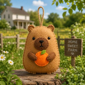 Puede incluir: Un adorno de fieltro color canela con forma de oso, con hocico marrón y ojos negros, que sostiene una fruta naranja brillante con una hoja verde. El oso tiene un lazo de cuerda color canela en la parte superior. Bordes cosidos con hilo visible.