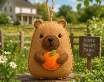 Cute Felt Capybara Ornament Holding Orange | DIY Capybara Plush | Kawaii Animal Decor | Hanging Felt Ornament | Gift for Capybara Lovers