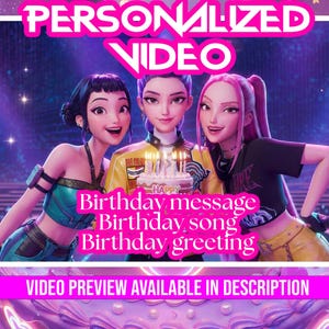 May include: Animated image promoting a personalized video service. The image features three cartoon characters holding a birthday cake. Text includes "PERSONALIZED VIDEO", "Birthday message", "Birthday song", and "Birthday greeting". A video preview is available.