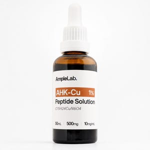 May include: A brown glass bottle with a white dropper top. The label reads "AmpleLab. AHK-Cu 1% Peptide Solution" with chemical formula and measurements of 50ml, 500mg, and 10mg/ml.