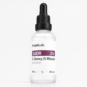 May include: A clear glass bottle with a black dropper top. The label reads "AmpleLab" and "2dDR 2% 2-Deoxy-D-Ribose". The bottle contains 50ml of liquid.