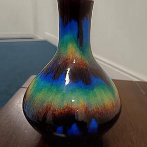 Art Deco Thulin Belgian Pottery Vase – Cobalt Blue Emerald Drip Glaze – c.1920s/30s