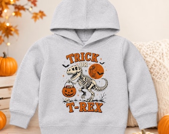 Sudadera con capucha para niños pequeños "Truco o trato" - Sudadera con capucha de dinosaurio de Halloween, Sudadera linda de esqueleto T-Rex, Sudadera con capucha de Halloween para niños, Conjunto de otoño para niños pequeños