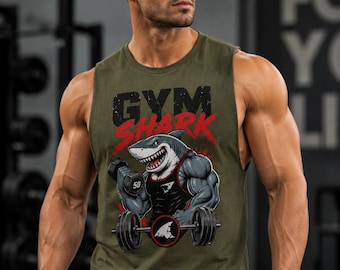 Shark Mode Gym Tank Top, Funny Workout Tank, Bodybuilding Shark Shirt, Weightlifting Muscle Tank, Fitness Gift for Men, Gym Lover Tank