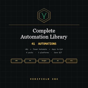 May include: A dark background with a grid pattern features the text "Complete Automation Library" and "41 Automations." Below, it lists "n8n, Power Automate, Apps Script" and "4 packs, 3 platforms." A logo and the text "VERIFIELD INC" are also present.