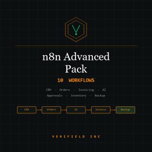 May include: A dark image with the text "n8n Advanced Pack" and "10 Workflows." Workflow categories are listed below: CRM, Orders, AI, Invoice, and Backup. A hexagonal logo with a green checkmark is at the top.
