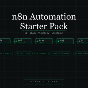 Könnte beinhalten: Dunkelgrüne Grafik mit dem Text "n8n Automation Starter Pack" und einem Workflow-Diagramm. Das Diagramm zeigt eine Reihe von Schritten, darunter Lead Capture, Google Sheets, Gmail Auto-Send, Stripe Payment, Slack Notify, AI Report und Done / Auto.