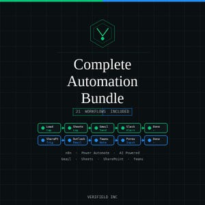 Może przedstawiać: Grafika cyfrowa z tekstem "Complete Automation Bundle" i "21 Workflows Included". Obraz ma zielono-niebieską kolorystykę z ikonami przepływu pracy i nazwą firmy "VERIFIELD INC."