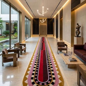 Modern Boho Geometric Oval Runner Rug, Rust Red Pink Mustard Entryway Carpet