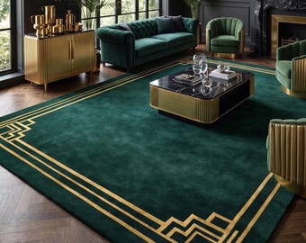 Hand Tufted Wool Rug, Dark Green with Gold Art Deco Border, Custom Size.