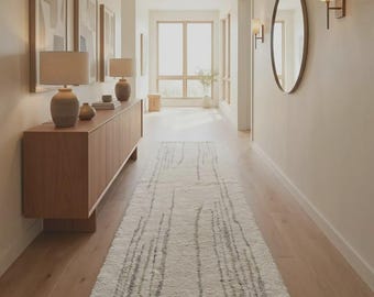 Minimalist Cream Runner Rug Wool Hand Tufted, Modern Neutral Carpet for Kitchen Hallway Decor.