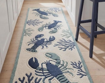 Coastal Lobster Runner Rug Handmade Tufted Nautical Kitchen Carpet Blue Green Modern Design.