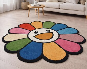 Rainbow Flower Area Rug, Modern Living Room Decor, Plush Bedroom art rug housewarming gifts