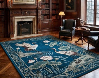 Handmade Tufted Crane Lotus Area Rug, Blue Nature Inspired Art Deco Carpet