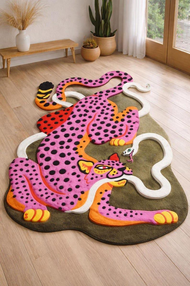 vintageラグ カーペット ブルドッグ フォト アニマル 1273 Handmade Pink Leopard Tufted Rug: Artistic Animal Shape Statement