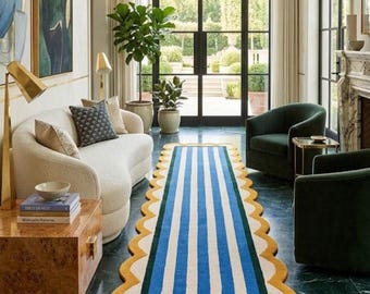 Scalloped Edge Striped Wool Runner Rug, Blue Coastal Style Tufted Carpet