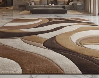 Handmade Blended Wool Rug – Earth Tone Wave Design For Living Room