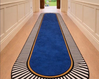Alfombra moderna azul para pasillo: alfombra con borde a rayas, antideslizante para la decoración del suelo.