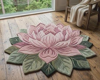 Handmade Pink Lotus Flower Rug – Floral Shaped Botanical Carpet, Soft Plush Floor Mat
