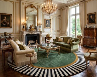 Green Hallway Round Rug | Modern Black and White Striped Border.