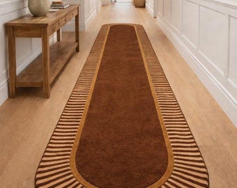 Brown Oval Hallway Runner Rug, Striped Border, Non-Slip Entryway Carpet