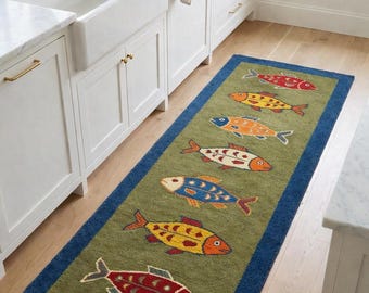 Alfombra de cocina colorida con diseño de peces, alfombra de pasillo estilo náutico costero, decoración para casas de playa.