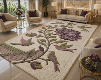 Hand-Tufted Wool Botanical Rug, 3D Carved Floral Bird Area Carpet, Mauve Olive Statement Rug